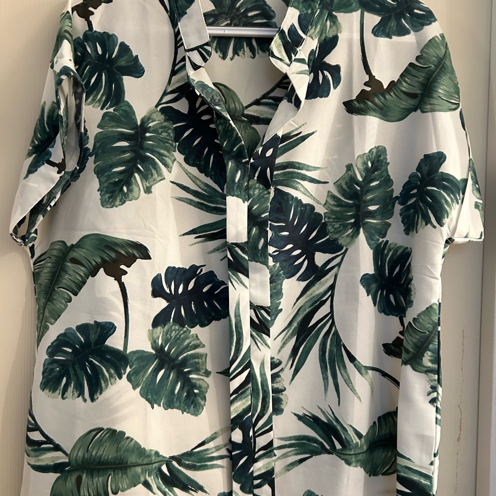 SHEIN Green and White Tropical Blouse
